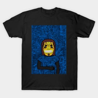 Buterin: Captivating Female NFT with an African Mask, Dark Eyes, and Gray Aesthetic in a Doodle Background T-Shirt